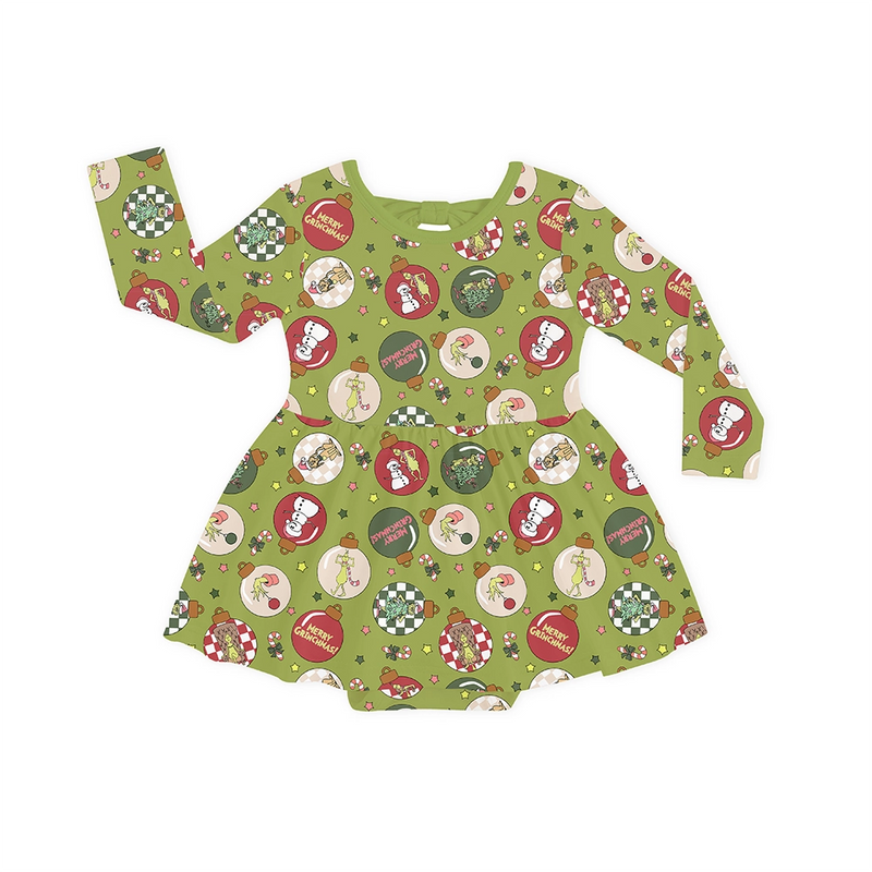 Christmas Green Face Baubles Twirl Dress With Bodysuit