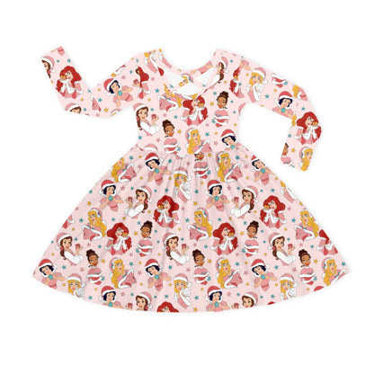 Christmas Pink Princess Kids Bamboo Long Sleeves Dress
