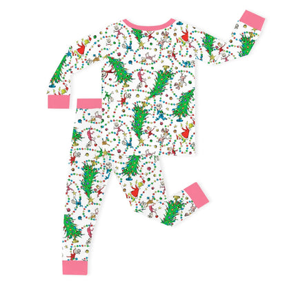 Christmas Tree Light Green Face Kids Bamboo Two-Piece Pajama Set