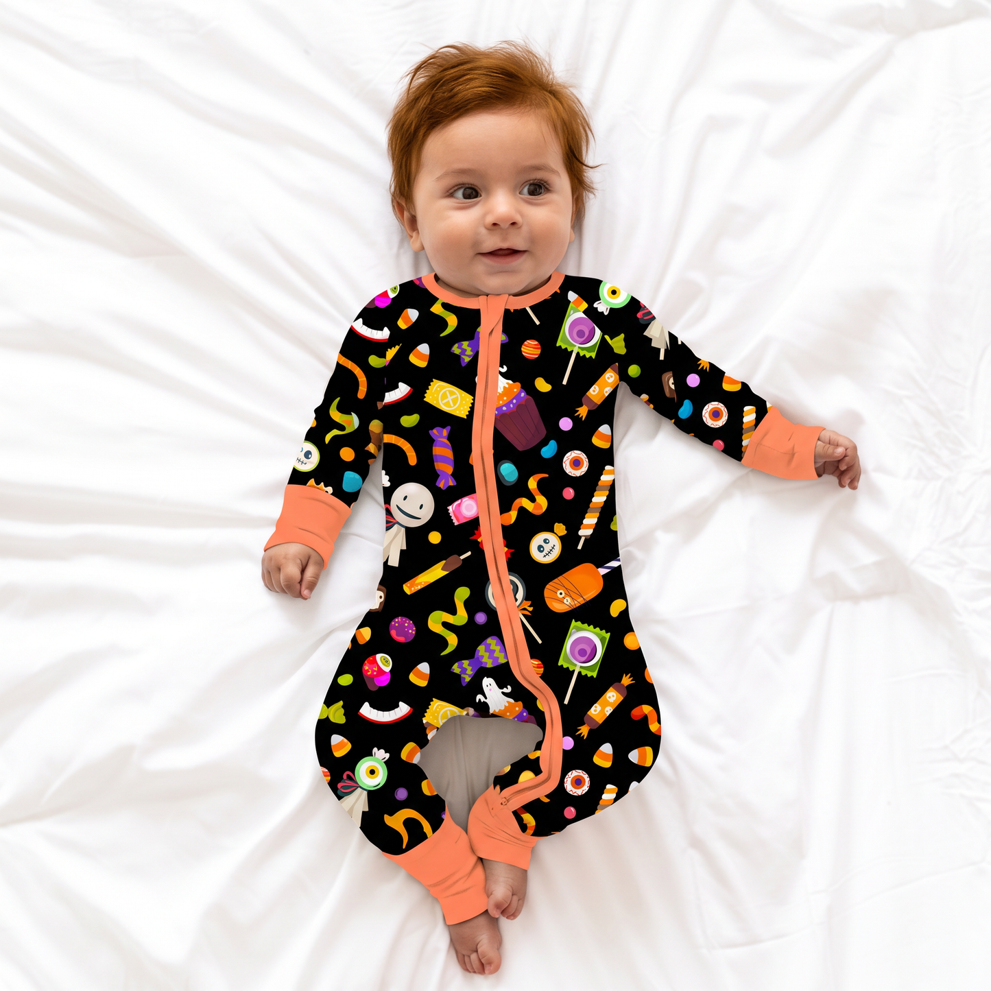 Halloween Spooky Sweet Candy Orange Baby Bamboo Zipper Pajama Romper