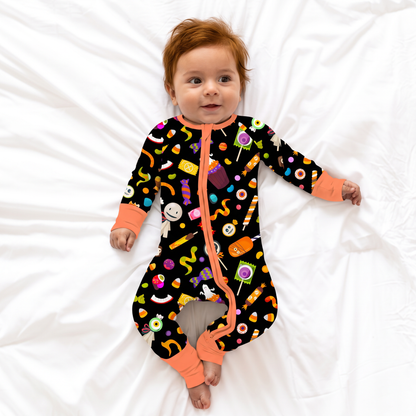 Halloween Spooky Sweet Candy Orange Baby Bamboo Zipper Pajama Romper
