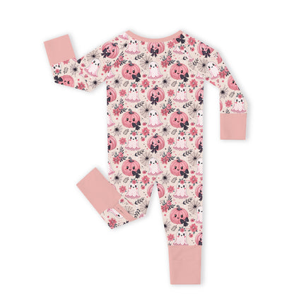 Halloween Pink Pumpkin and Sweet Ghosts Baby Bamboo Zipper Pajama Romper