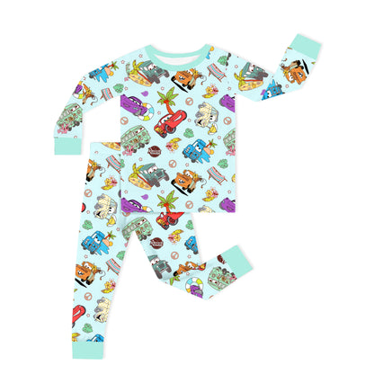 Vintage Cars Road Trip Mint Green Kids Two-Piece Pajama Set