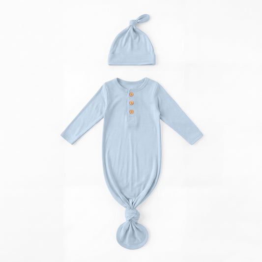 Solid Sky Blue Baby Bamboo Knotted Gown with Hat Set
