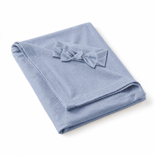 Greyish Misty Blue Bamboo Swaddle Bow Headband Set