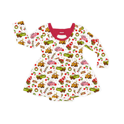 Christmas Cartoon Car Long Sleeve Twirl Dress With Bodysuit