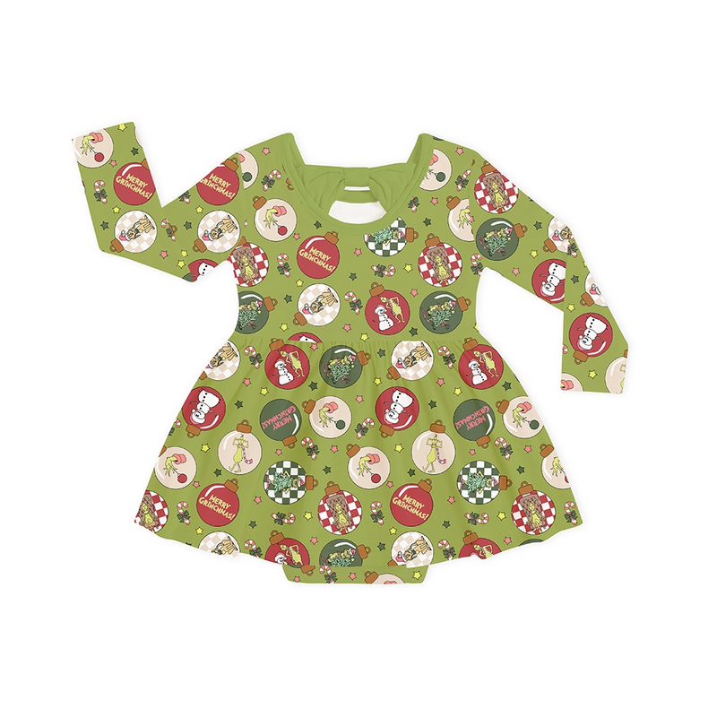 Christmas Green Face Baubles Twirl Dress With Bodysuit