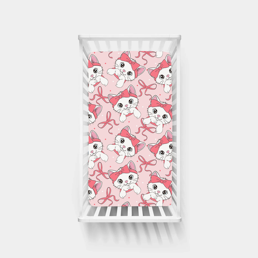 Pink Bow Cat Bamboo Fitted Crib Sheet