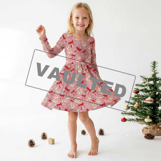 Christmas Pink Tree Cakes and Bows Kid Bamboo Long Sleeve Dress