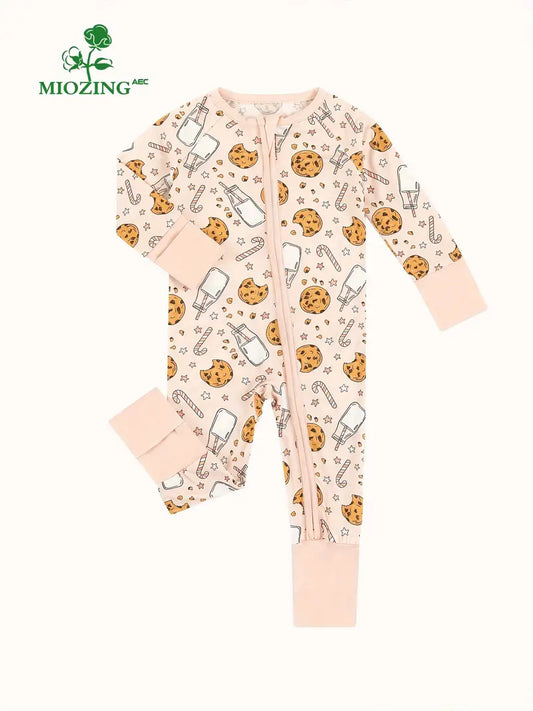 MIOZING Baby's Cartoon Milk Biscuit Pattern Bamboo Fiber Long Sleeve Romper, Toddler & Infant Girl's Outdoor Clothes