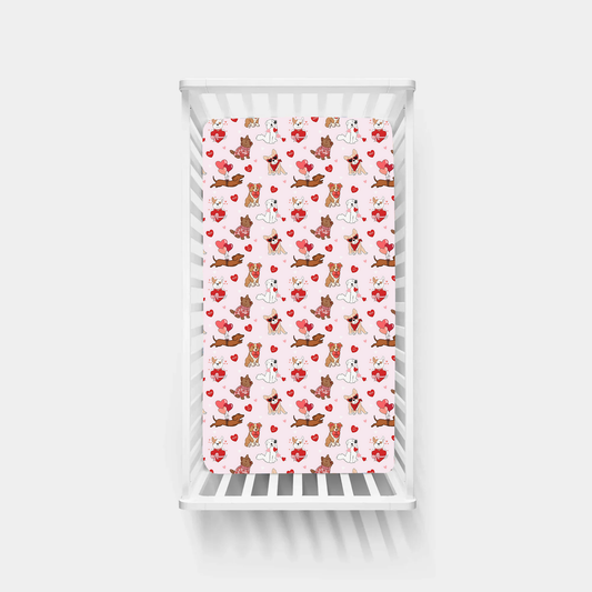 Valentine Heart Puppy Cuddle Crew Pink Bamboo Fitted Crib Sheet