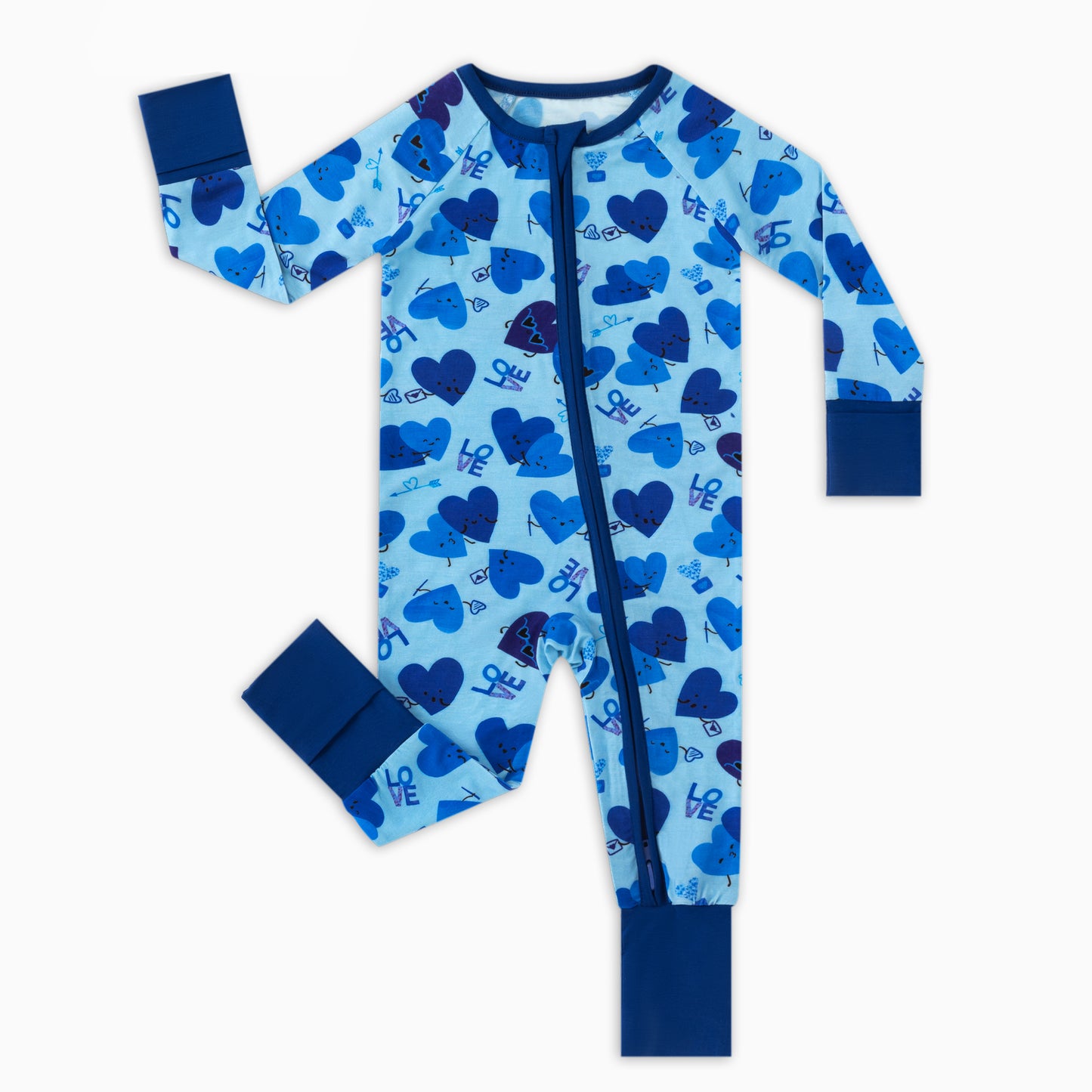 Blue Love and Heart Hugs Bamboo Zipper Romper Pajamas