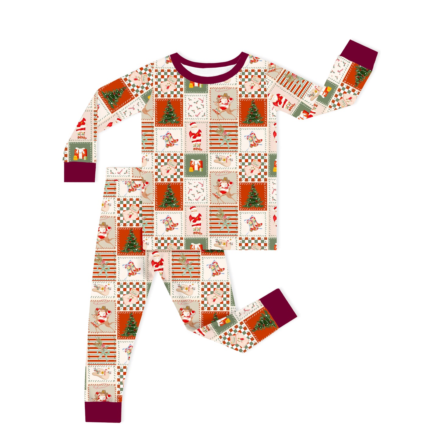 Christmas Western Patchwork Kids Bamboo Two-Piece Pajama Set