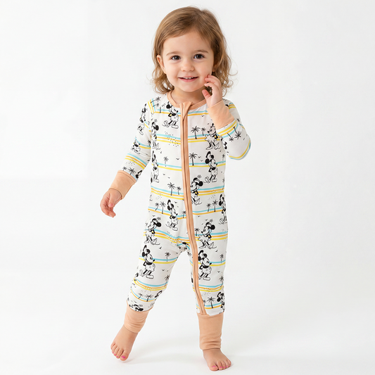 Cartoon Mouse Palm Tree Pattern Bamboo Zipper Pajamas