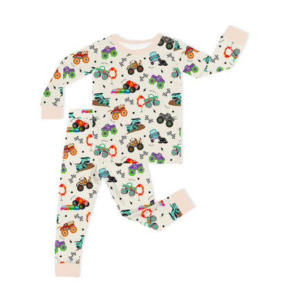 Big Wheels Truck Race Journey on Apricot Kids Bamboo Two-Piece Pajama Set