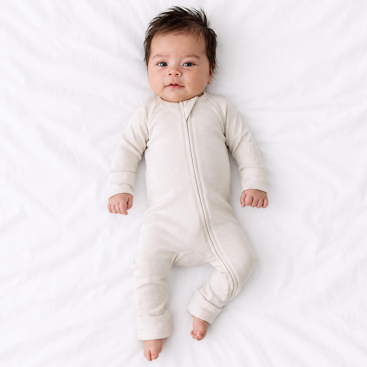 Oat Milk Solid Bamboo Zipper Romper Pajamas