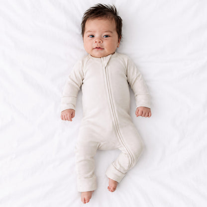 Oat Milk Solid Bamboo Zipper Romper Pajamas