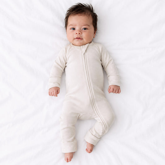 Oat Milk Solid Bamboo Zipper Romper Pajamas