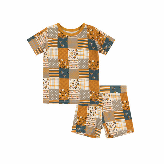 Yellow Grid Kids Bamboo Two-Piece Pajama Short Sleeve Set