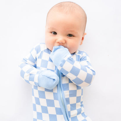 Blue Checkerboard Design Bamboo Zipper Romper Pajamas