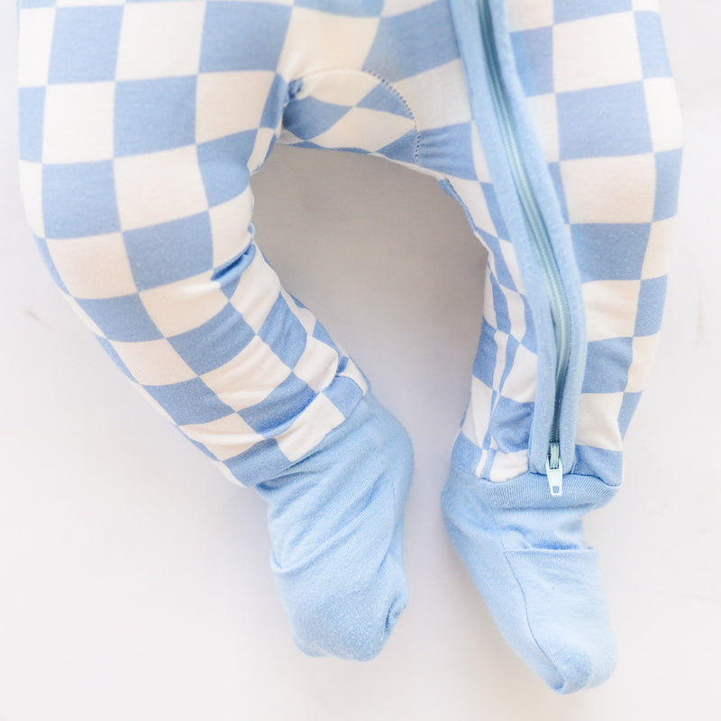 Blue Checkerboard Design Bamboo Zipper Romper Pajamas