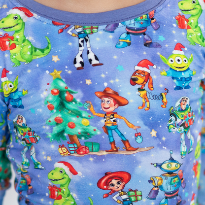 Christmas Toy and Dinosaur Friends Party Kids Bamboo Two-Piece Pajama Set