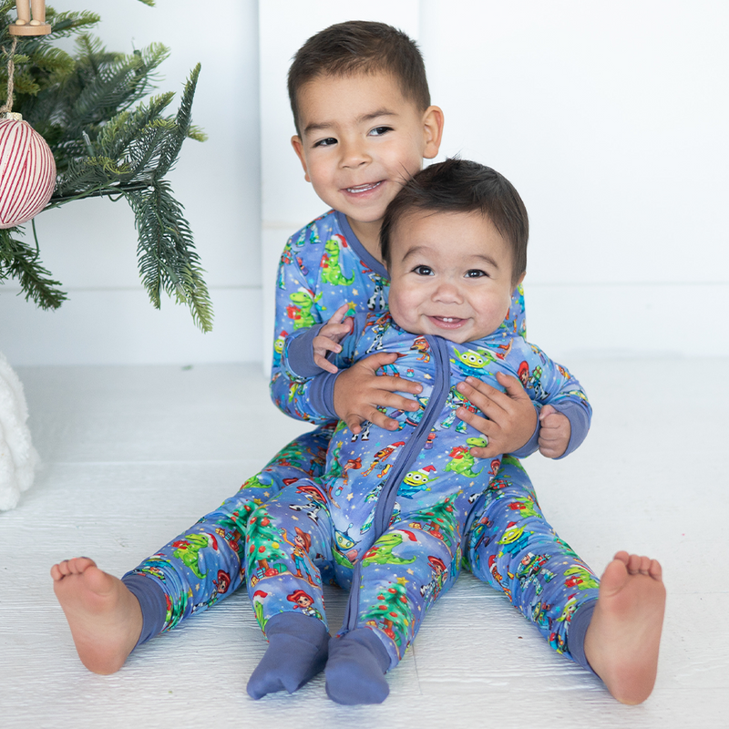 Christmas Toy and Dinosaur Friends Party Baby Bamboo Zipper Romper Pajamas