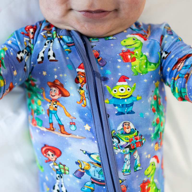 Christmas Toy and Dinosaur Friends Party Baby Bamboo Zipper Romper Pajamas