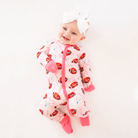 Pink American Football Baby Bamboo Zipper Romper