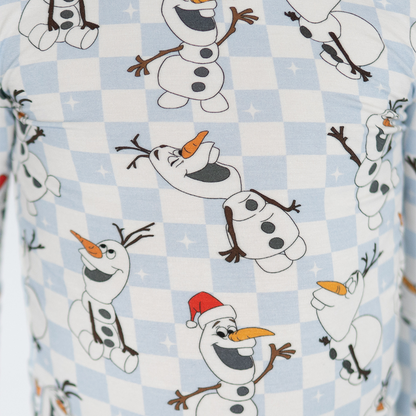 Christmas Big Face Snowman Blue Checkered Kids Bamboo Two-Piece Pajama Set