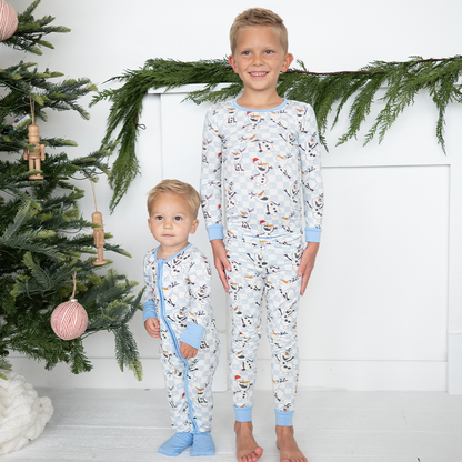 Christmas Big Face Snowman Blue Checkered Kids Bamboo Two-Piece Pajama Set