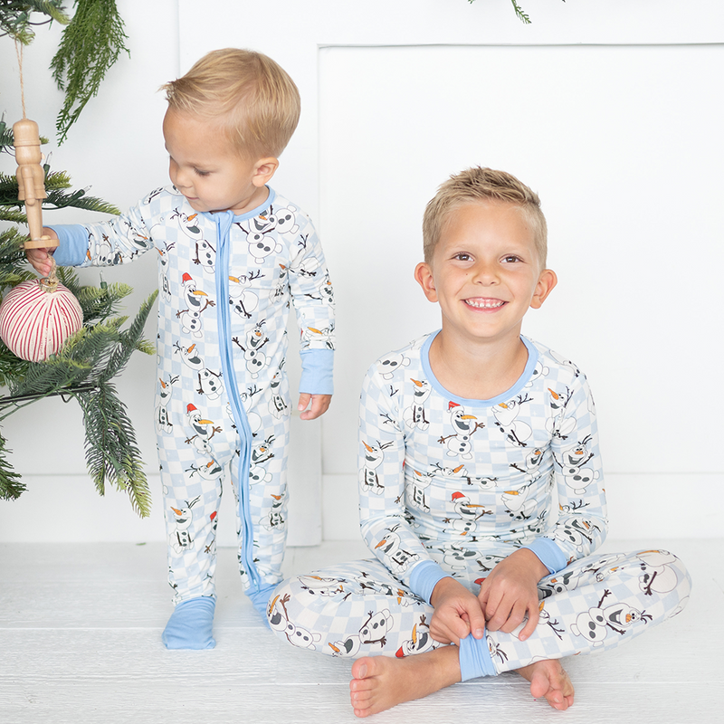 Christmas Big Face Snowman Blue Checkered Kids Bamboo Two-Piece Pajama Set