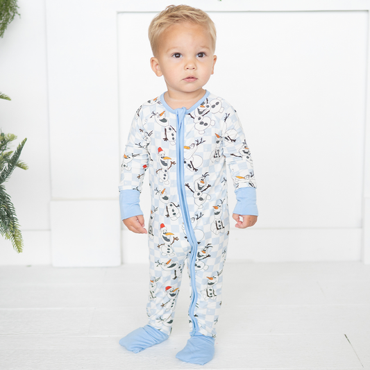 Christmas Big Face Snowman Blue Checkered Baby Bamboo Zipper Romper Pajamas