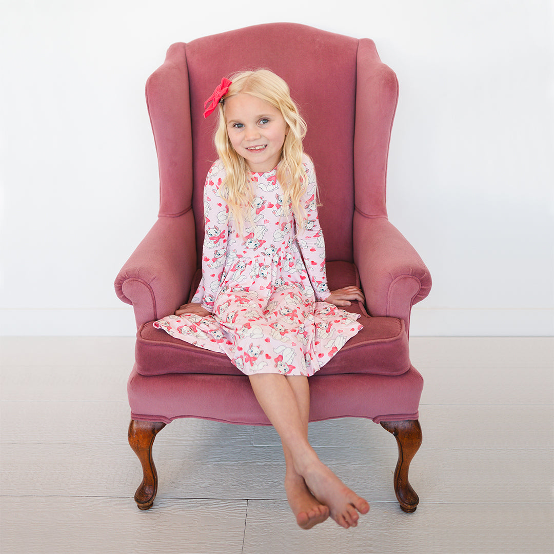 Valentine's Day Girl's Bow Cat Kid Bamboo Long Sleeve Dress