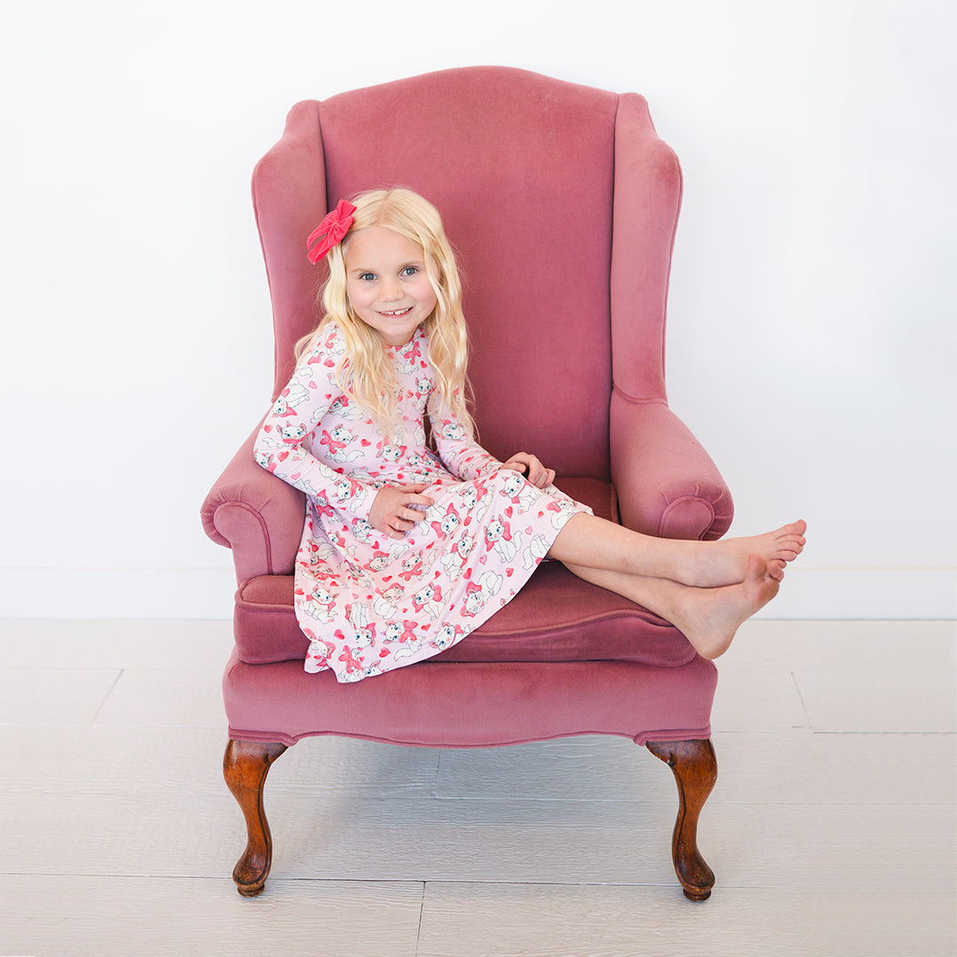 Valentine's Day Girl's Bow Cat Kid Bamboo Long Sleeve Dress