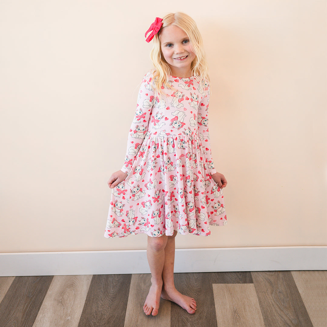 Valentine's Day Girl's Bow Cat Kid Bamboo Long Sleeve Dress