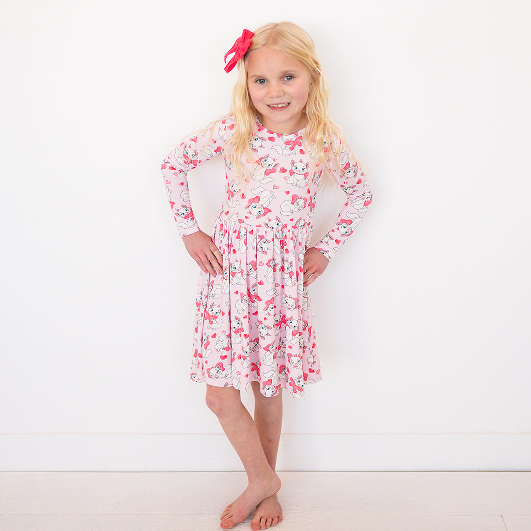 Valentine's Day Girl's Bow Cat Kid Bamboo Long Sleeve Dress