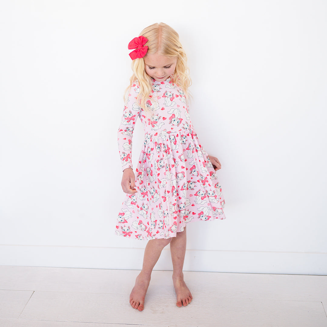 Valentine's Day Girl's Bow Cat Kid Bamboo Long Sleeve Dress