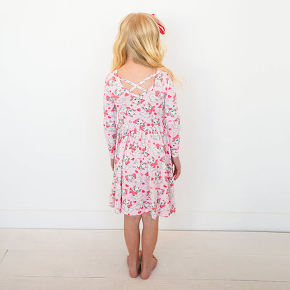 Valentine's Day Girl's Bow Cat Kid Bamboo Long Sleeve Dress