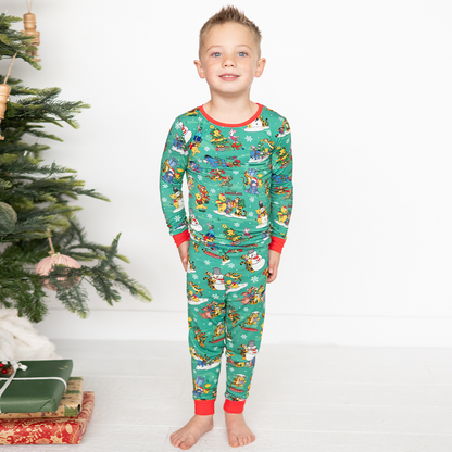 Christmas Bear and Animal Pals on Holly Green Kids Bamboo Two-Piece Pajama Set
