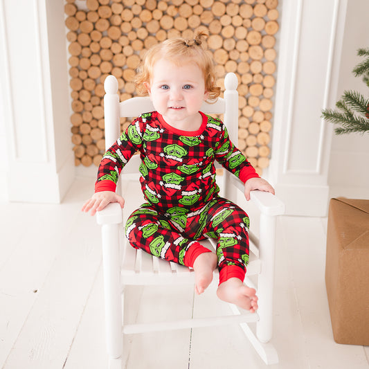 Christmas Green Face Red Two-Piece Bamboo Long Sleeve Pajama Set