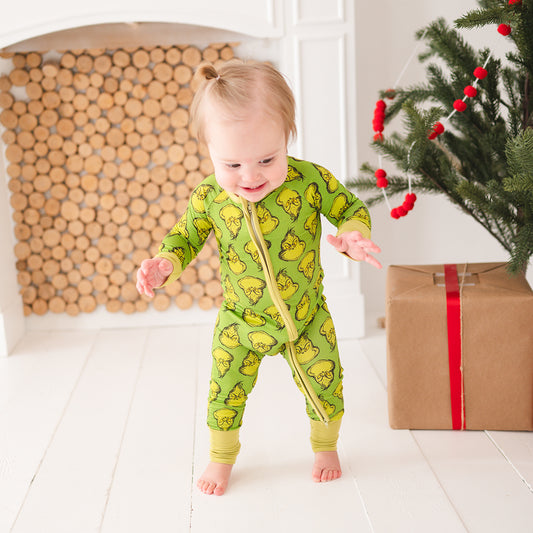 Christmas Green Guy Print Bamboo 2 Way Zipper Romper