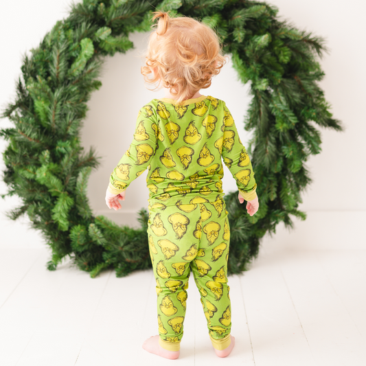 Christmas Green Guy Print Two-Piece Bamboo Long Sleeve Kids Pajama