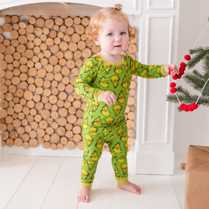 Christmas Green Guy Print Two-Piece Bamboo Long Sleeve Kids Pajama