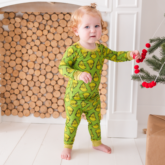 Christmas Green Guy Print Two-Piece Bamboo Long Sleeve Kids Pajama