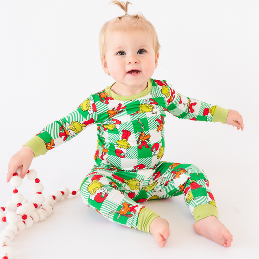 Christmas Plaid Green Guy Kids Bamboo 2 Pieces Pajama Set