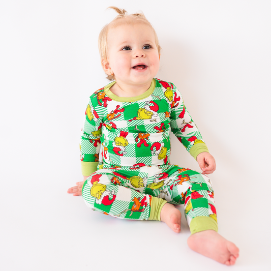 Christmas Plaid Green Guy Kids Bamboo 2 Pieces Pajama Set