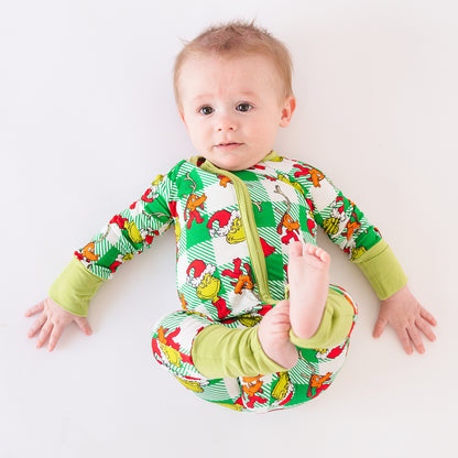 Christmas Plaid Green Guy Baby Bamboo Zipper Romper Pajamas