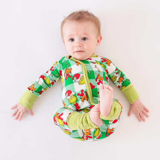 Christmas Plaid Green Guy Bamboo Red Zipper Baby Romper