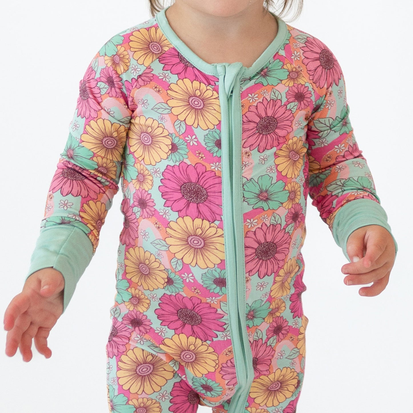 Blue Pink Flowers Bloom Bamboo Baby Zipper Romper Pajamas